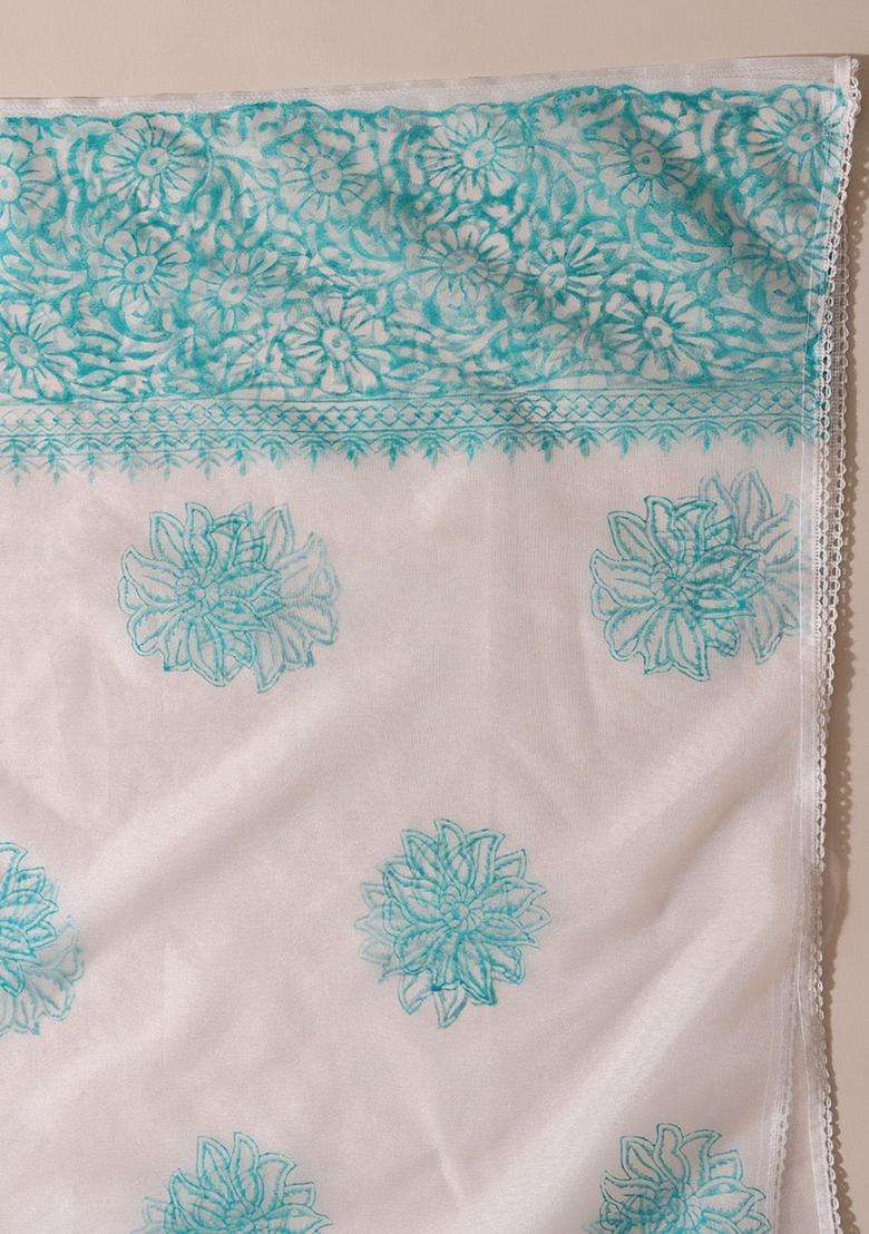 Turquoise Blue Printed Cotton Anarkali Set - Indya