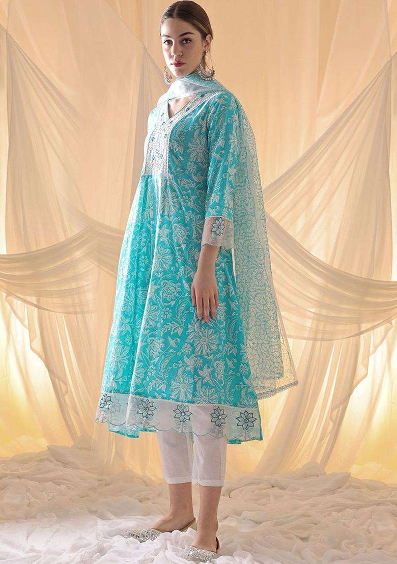 Turquoise Blue Printed Cotton Anarkali Set - Indya