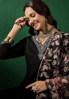 Black Yoke Design Silk Blend Kurta Set