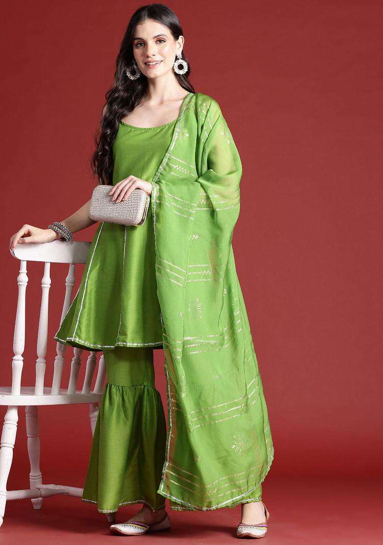 Green Solid Polyester Kurta Set - Indya