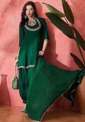 Green Solid Silk Kurta Set