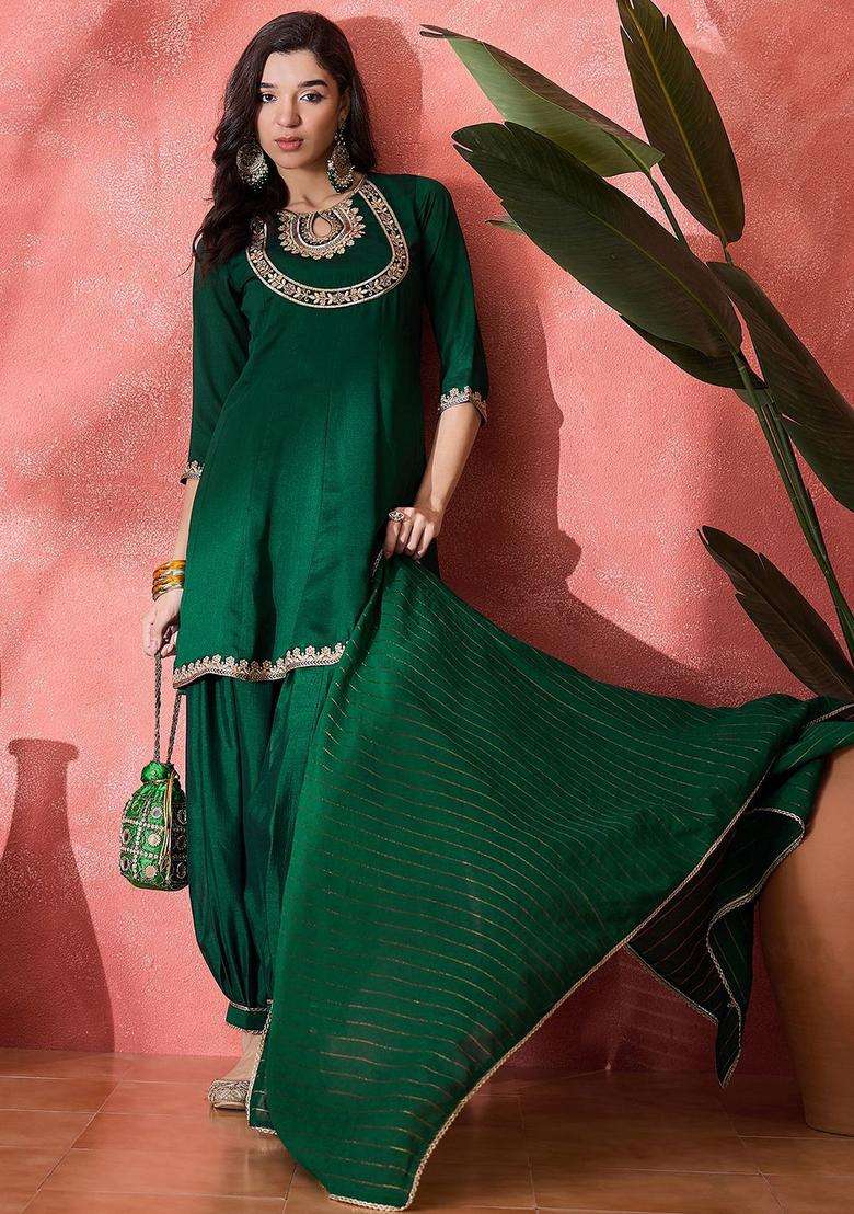 Green Solid Silk Blend Kurta Set - Indya