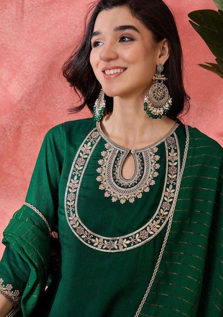 Green Solid Silk Blend Kurta Set - Indya
