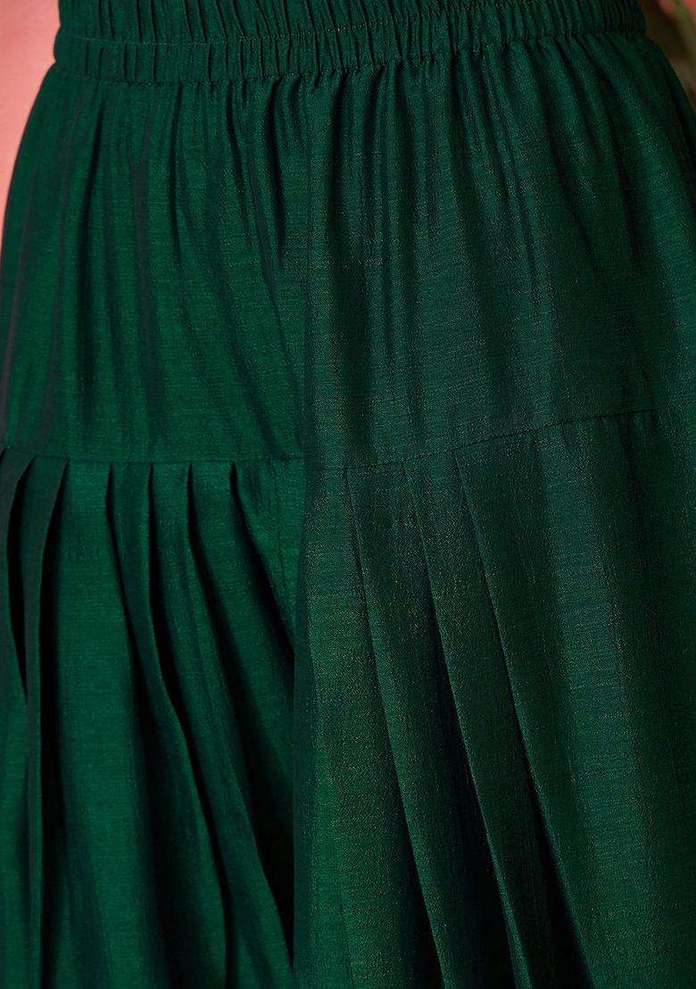 Green Solid Silk Blend Kurta Set - Indya