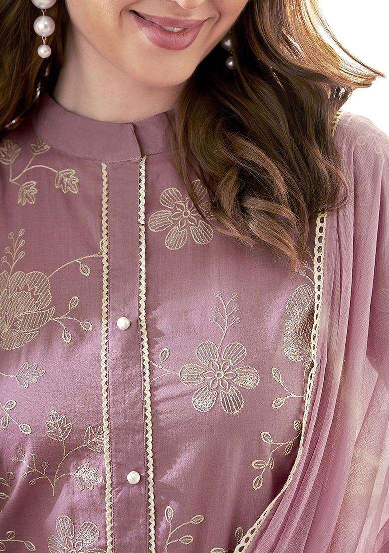 Mauve Embroidered Cotton Kurta Set - Indya