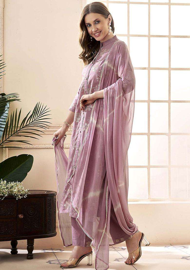 Mauve Embroidered Cotton Kurta Set - Indya