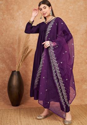 Purple Solid Silk Blend Kurta Set