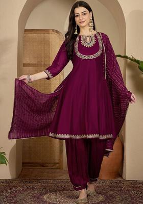 Purple Yoke Design Silk Blend Anarkali Set