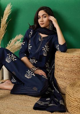Navy Blue Printed Cotton Kurta Set