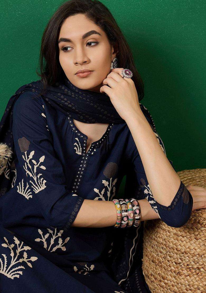 Navy Blue Printed Cotton Kurta Set - Indya