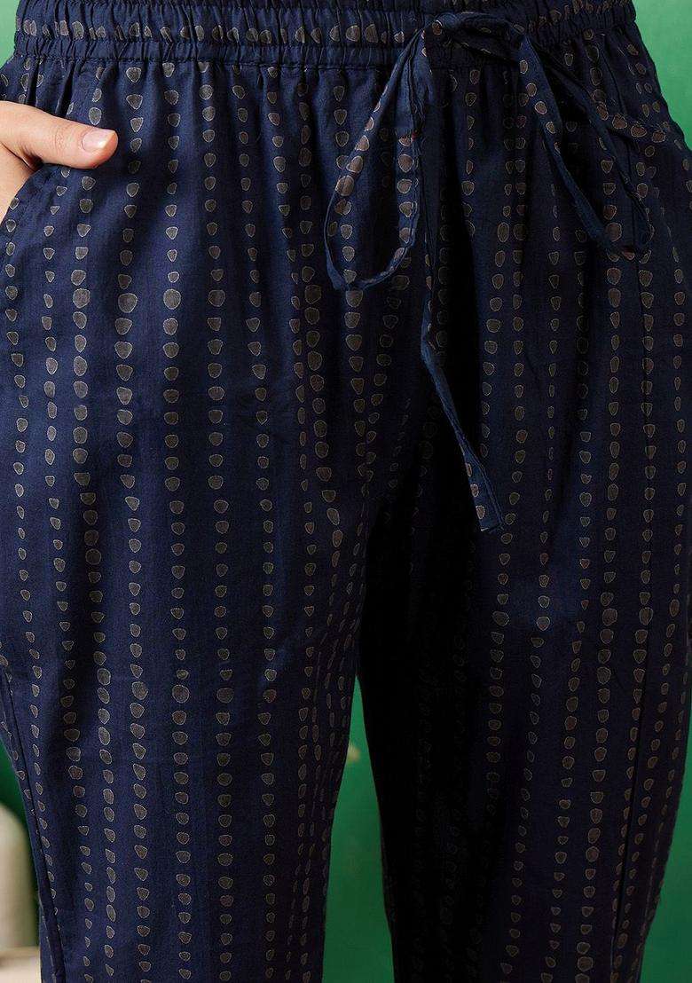 Navy Blue Printed Cotton Kurta Set - Indya