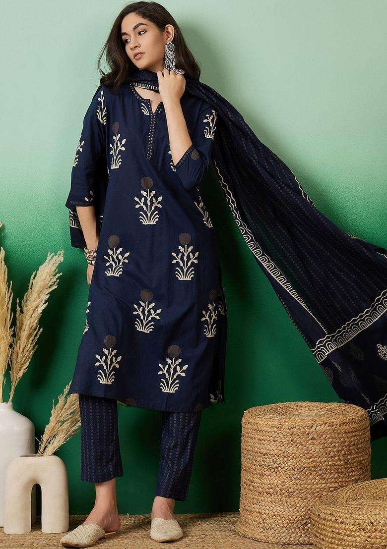 Navy Blue Printed Cotton Kurta Set - Indya