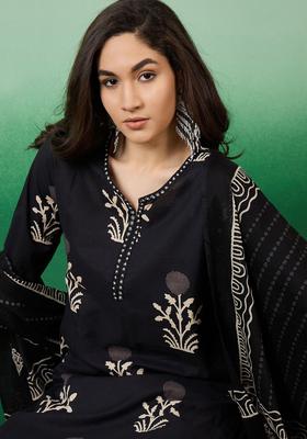 Black Printed Cotton Kurta Set