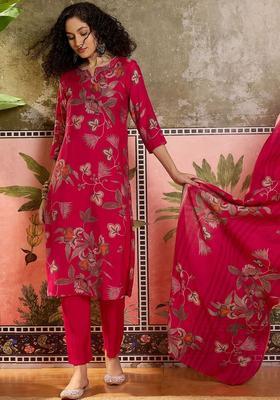 Pink Printed Chanderi Kurta Set