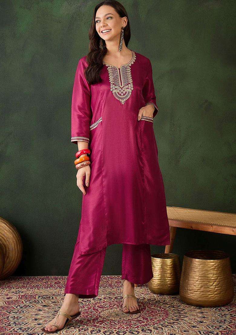 Red Embroidered Silk Blend Kurta Set - Indya