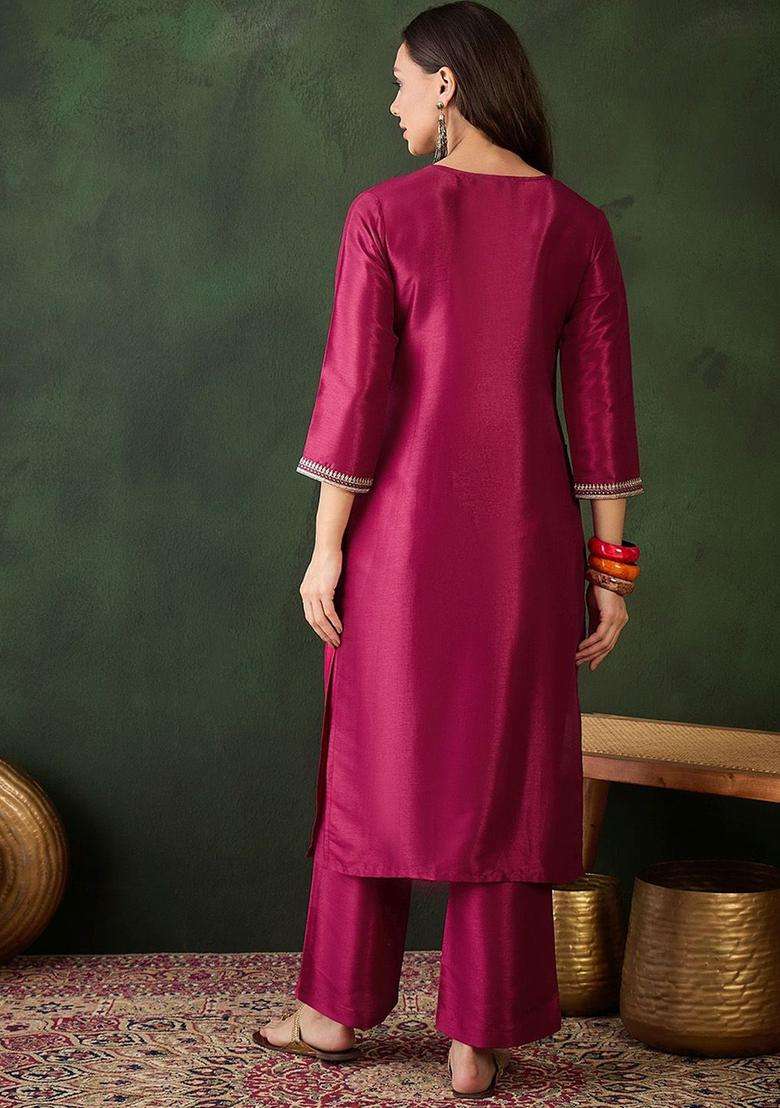 Red Embroidered Silk Blend Kurta Set - Indya