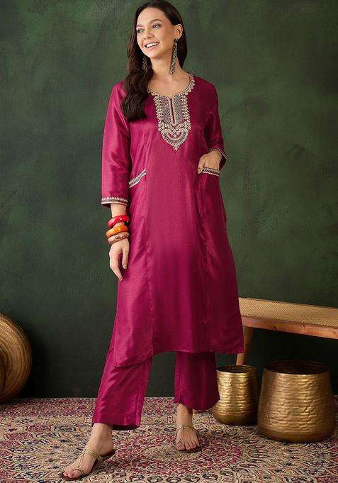 Red Embroidered Silk Blend Kurta Set