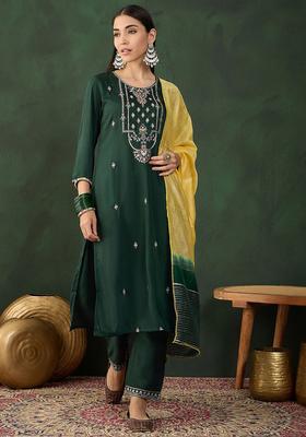 Green Embroidered Chiffon Kurta Set