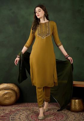 Yellow Embroidered Georgette Kurta Set