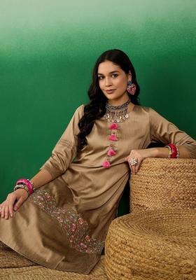 Beige Embroidered Cotton Kurta Set