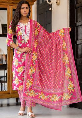 Magenta Printed Cotton Kurta Set