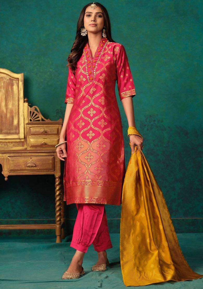 Pink Woven Design Silk Blend Kurta Set - Indya