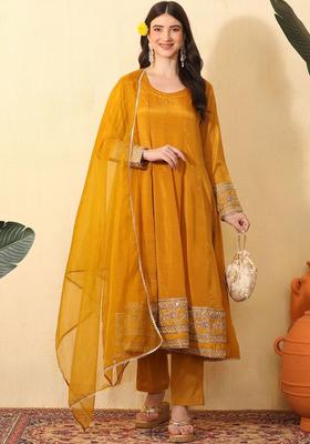 Mustard Embroidered Chinon Kurta Set