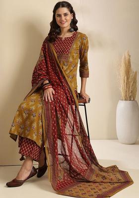 Mustard Printed Cotton Kurta Set