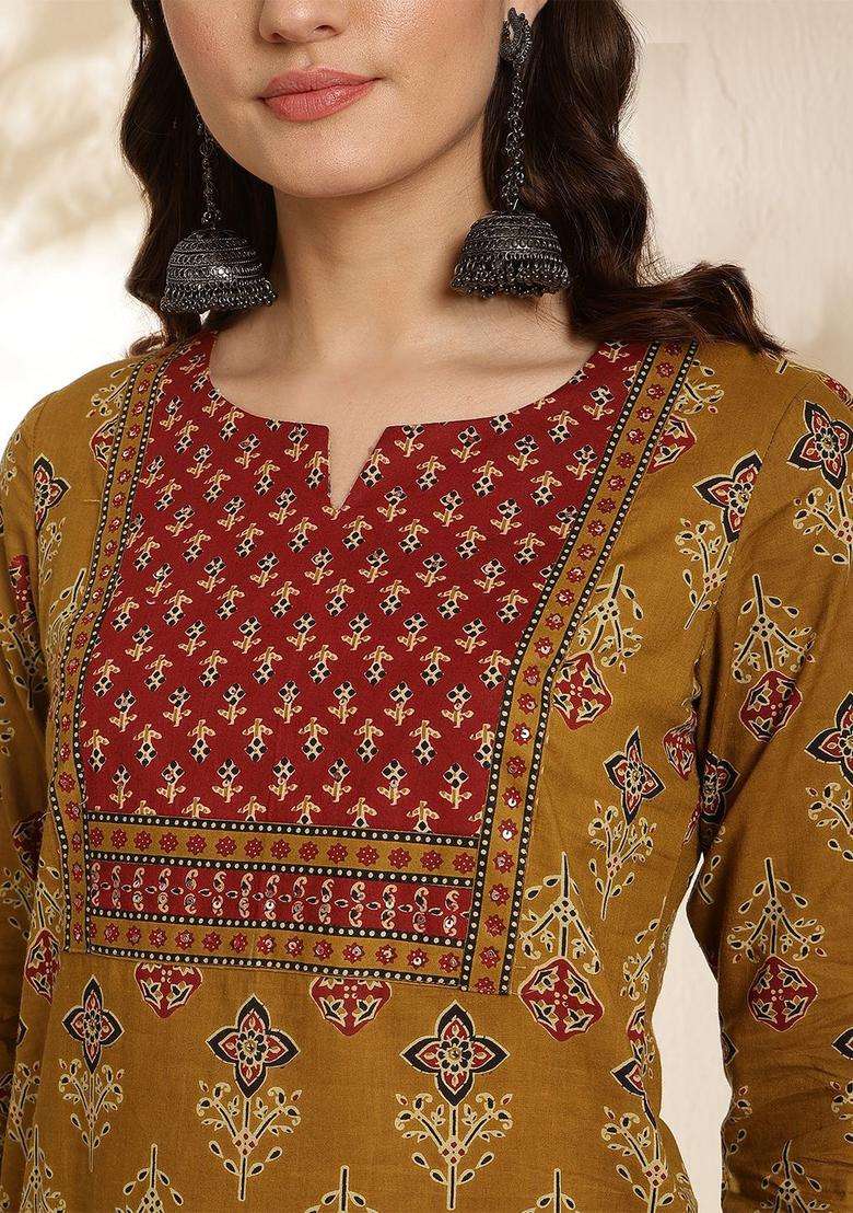 Mustard Printed Cotton Kurta Set - Indya