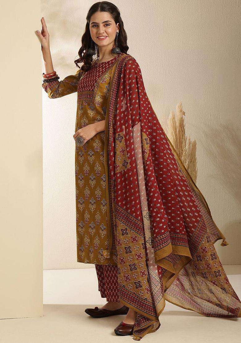 Mustard Printed Cotton Kurta Set - Indya