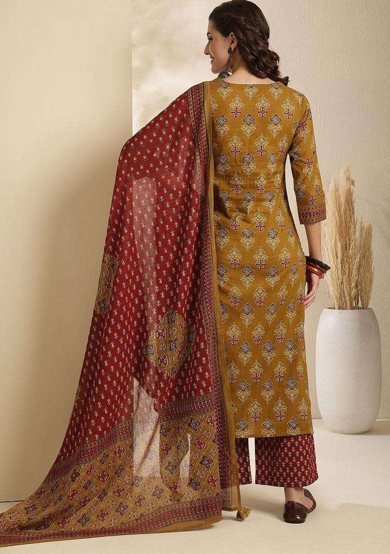 Mustard Printed Cotton Kurta Set - Indya