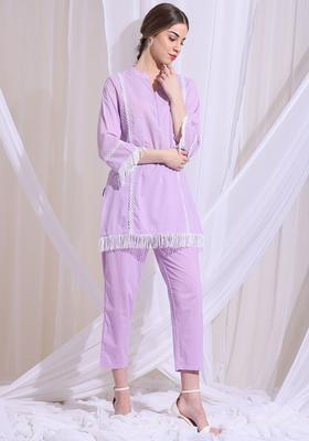Purple Solid Cotton Kurta Set