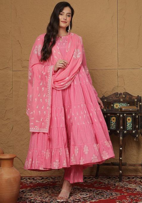 Pink Printed Cotton Anarkali Set — view on Indya