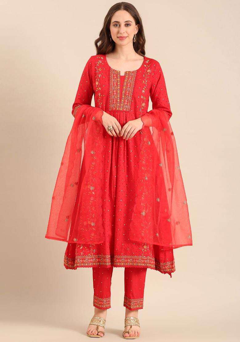 Red Embroidered Cotton Kurta Set - Indya