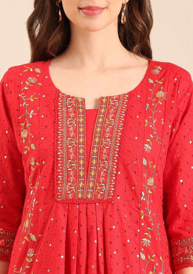 Red Embroidered Cotton Kurta Set - Indya