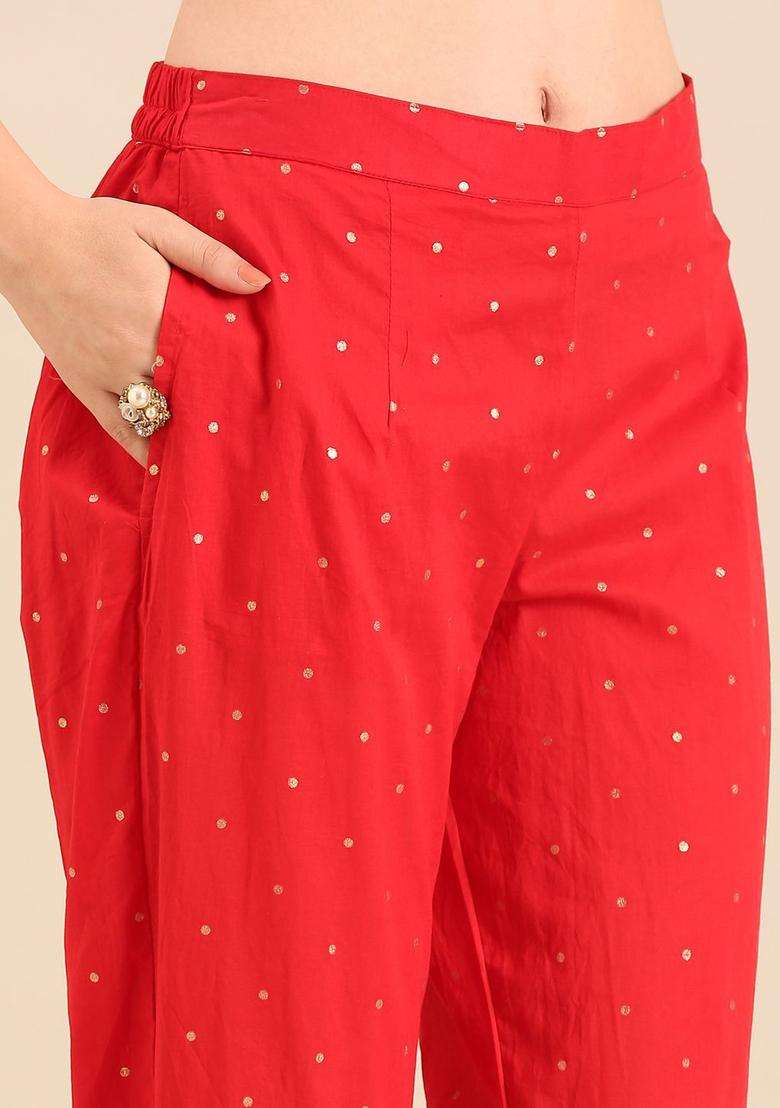 Red Embroidered Cotton Kurta Set - Indya