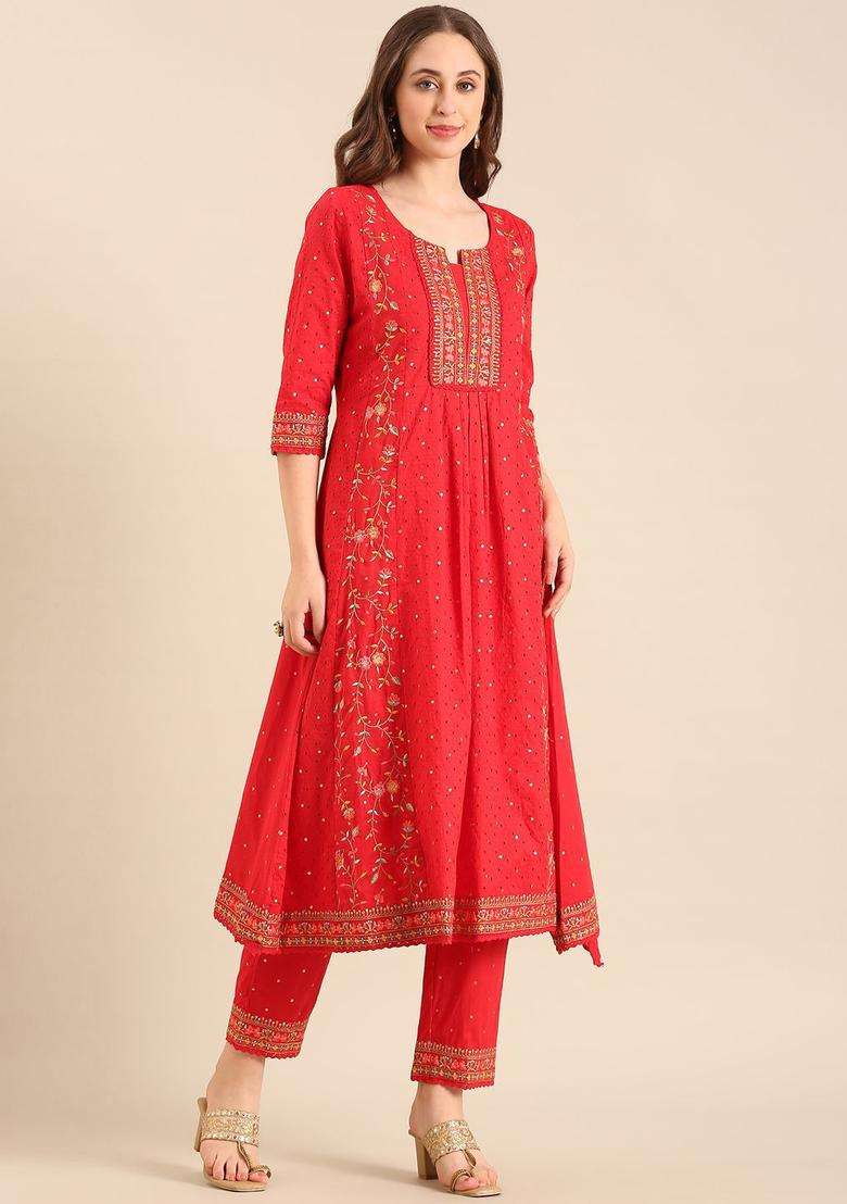 Red Embroidered Cotton Kurta Set - Indya