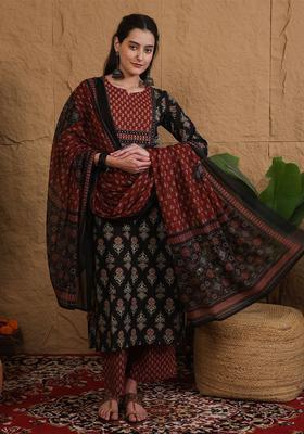 Black Printed Cotton Kurta Set
