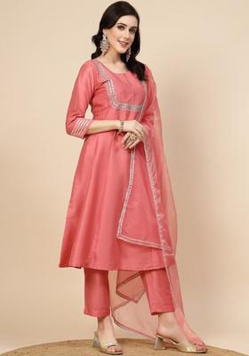 Peach Embroidered Silk Blend Anarkali Set