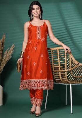 Orange Embroidered Polyester Kurta Set