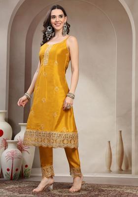 Yellow Embroidered Polyester Kurta Set