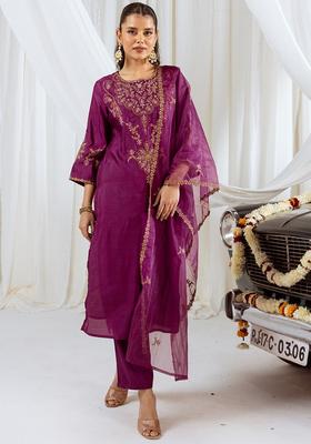 Burgundy Embroidered Silk Blend Kurta Set