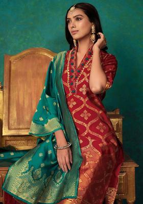 Maroon Woven Design Silk Blend Kurta Set