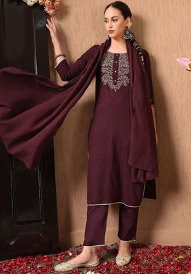 Burgundy Solid Cotton Kurta Set
