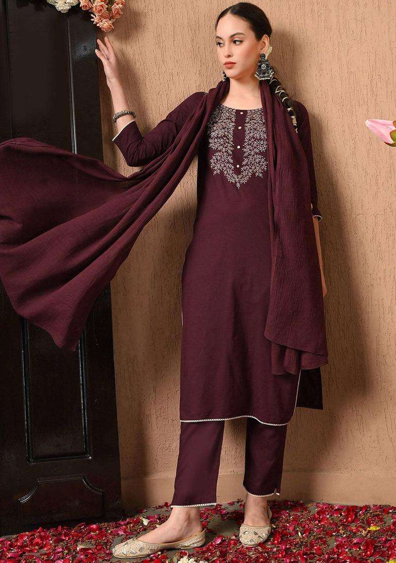 Burgundy Solid Cotton Kurta Set - Indya