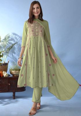 Green Embroidered Cotton Anarkali Set