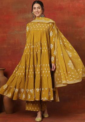 Mustard Printed Cotton Anarkali Set