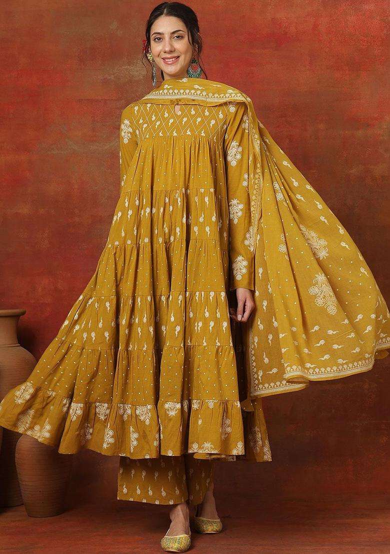 Mustard Printed Cotton Anarkali Set - Indya
