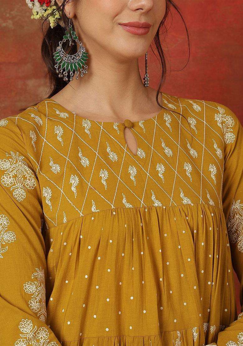 Mustard Printed Cotton Anarkali Set - Indya