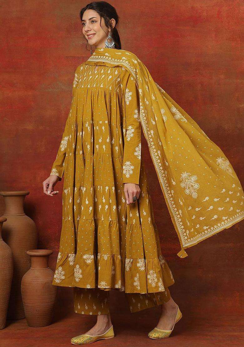 Mustard Printed Cotton Anarkali Set - Indya